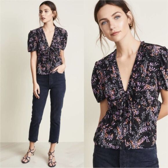 cinq a sept Tops - Cinq a Sept Snapdragon Keira Silk Floral V-Neck Blouse Short Sleeve Small Top